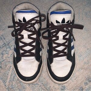 Adidas Black and White High-Tops with Blue Accents
